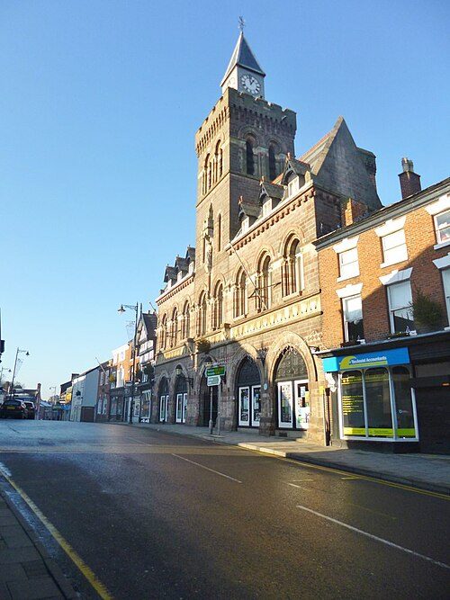 Congleton Town Hall's Gothic clock tower on the High Street