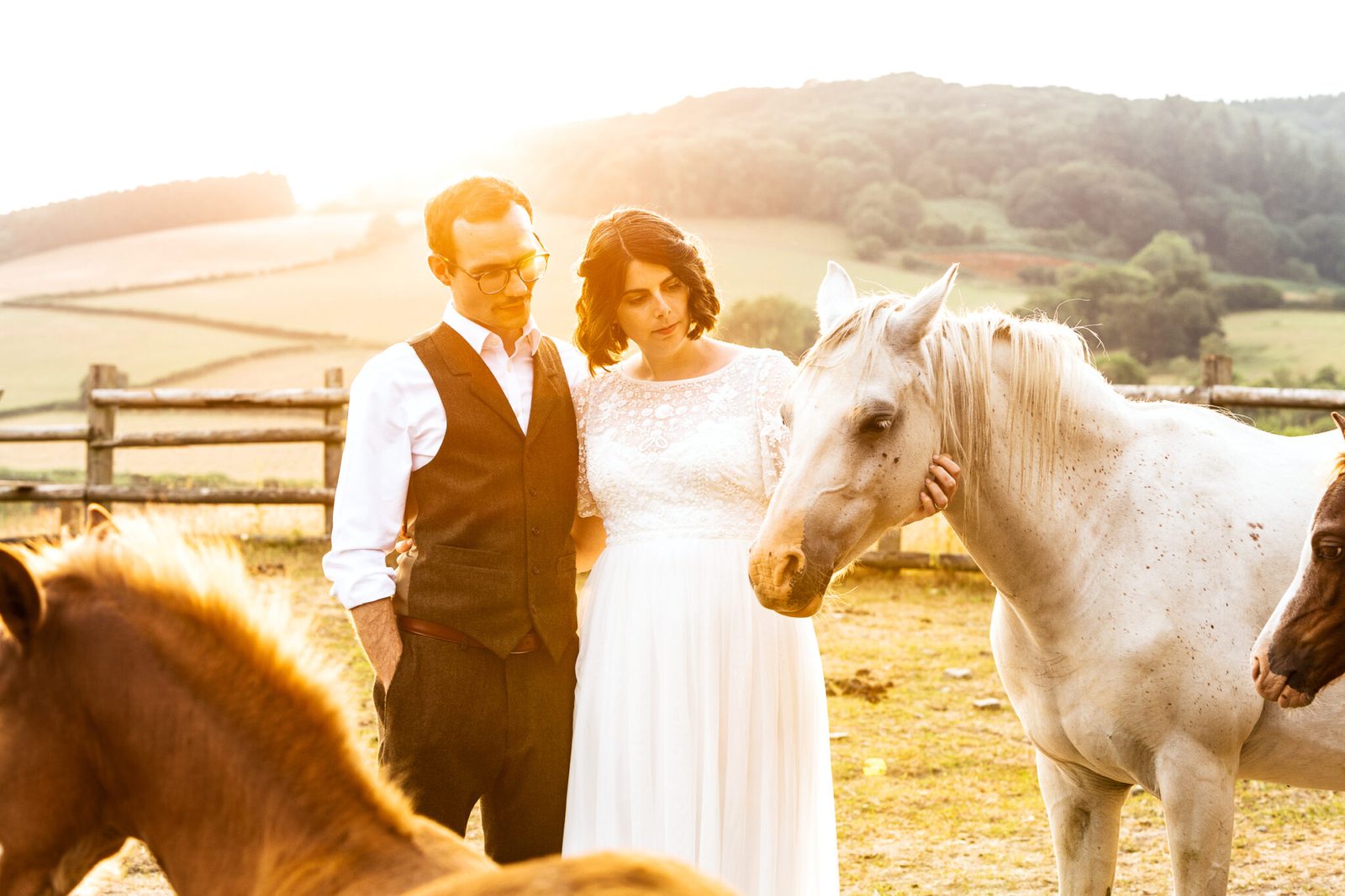 A bride and groom stand with ponies in a field at golden hour